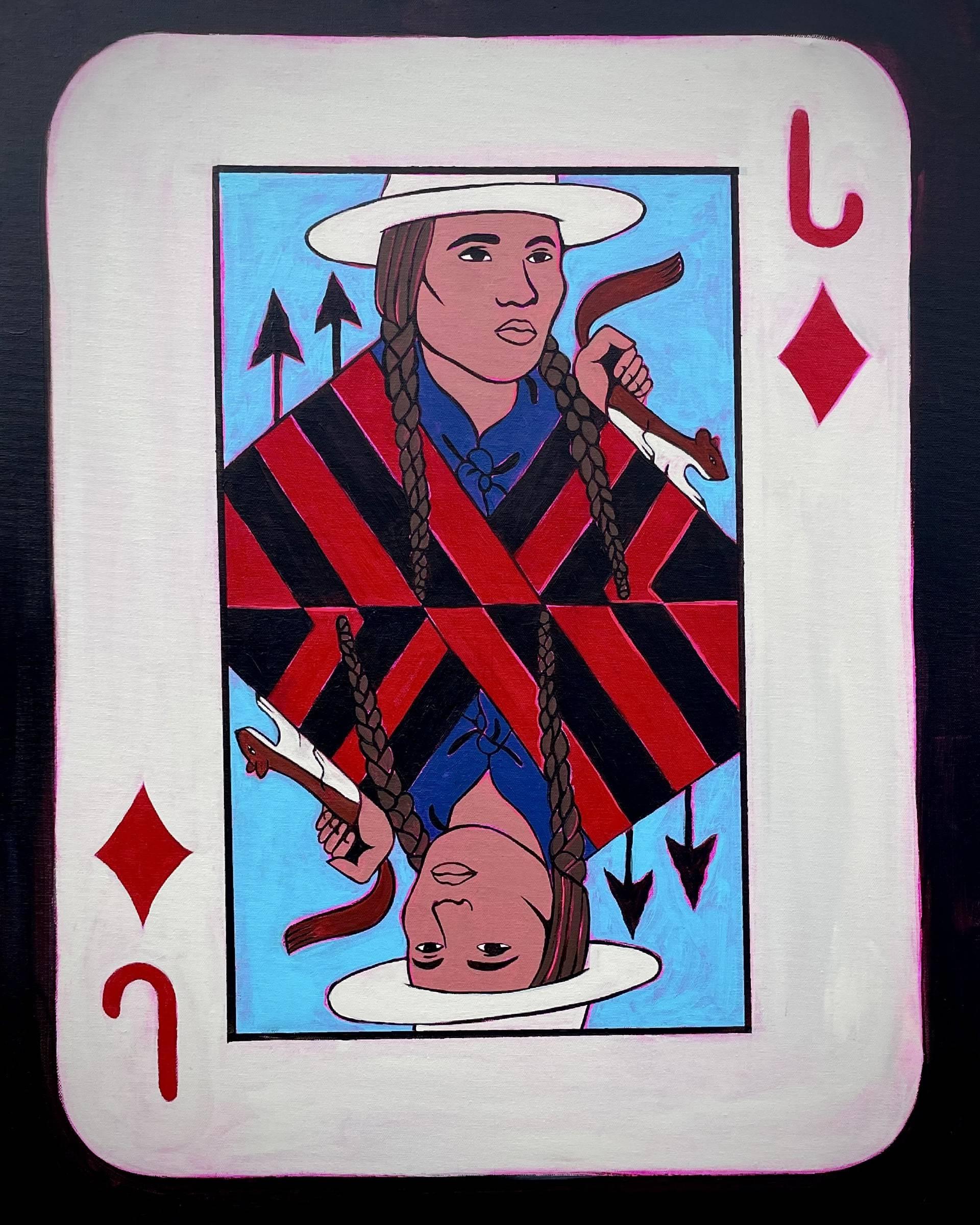 Painting of a playing card depicting a native american as the Jack of Diamonds.